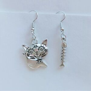 Silver Cat and Fishbone Earrings